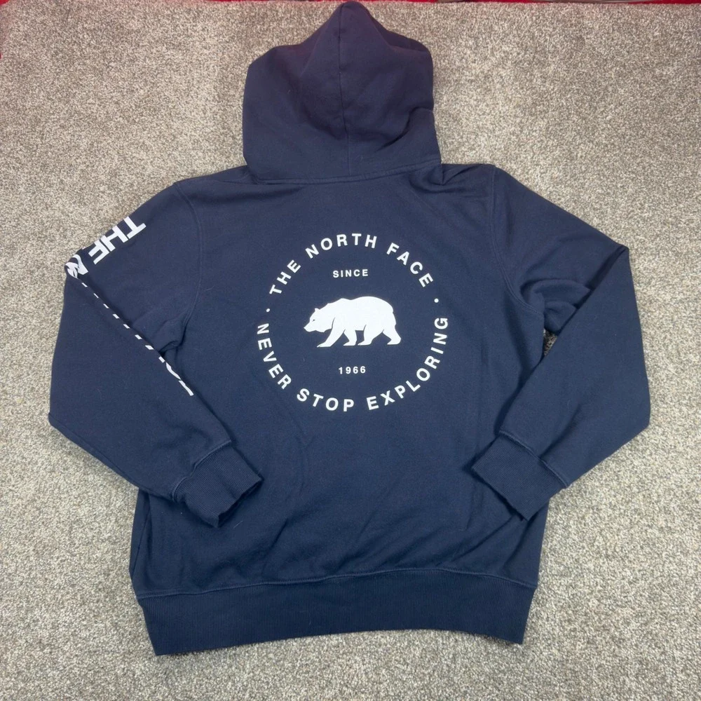 The North Face Mens Navy Blue Bear Graphic Logo Sleeve Pullover Hoodie Large